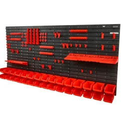 VEVOR Wall Mounted Storage Bins, 30-Bin Parts Rack Organizer Garage Plastic Shop Tool with Wall Panels/Tool Holders/Hooks, Tool Organizer for Nuts, Bolts, Screws, Nails, Beads, Buttons, Black and Red