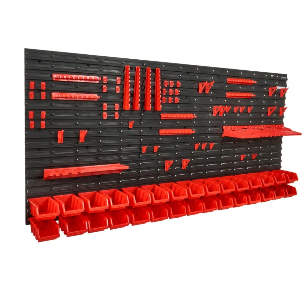 VEVOR Wall Mounted Storage Bins, 30-Bin Parts Rack Organizer Garage Plastic Shop Tool with Wall Panels/Tool Holders/Hooks, Tool Organizer for Nuts, Bolts, Screws, Nails, Beads, Buttons, Black and Red