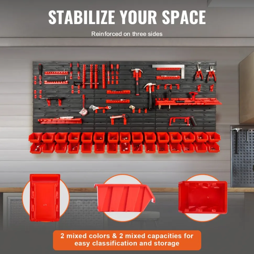 VEVOR Wall Mounted Storage Bins, 30-Bin Parts Rack Organizer Garage Plastic Shop Tool with Wall Panels/Tool Holders/Hooks, Tool Organizer for Nuts, Bolts, Screws, Nails, Beads, Buttons, Black and Red