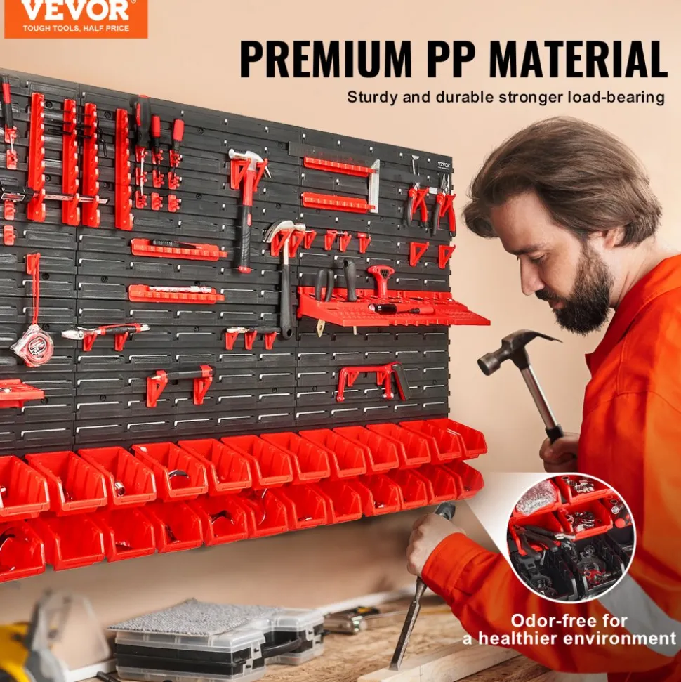 VEVOR Wall Mounted Storage Bins, 30-Bin Parts Rack Organizer Garage Plastic Shop Tool with Wall Panels/Tool Holders/Hooks, Tool Organizer for Nuts, Bolts, Screws, Nails, Beads, Buttons, Black and Red