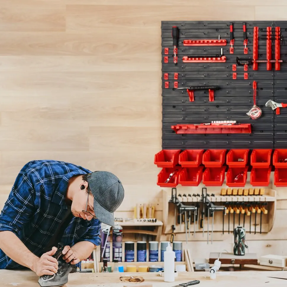 VEVOR Wall Mounted Storage Bins, 30-Bin Parts Rack Organizer Garage Plastic Shop Tool with Wall Panels/Tool Holders/Hooks, Tool Organizer for Nuts, Bolts, Screws, Nails, Beads, Buttons, Black and Red