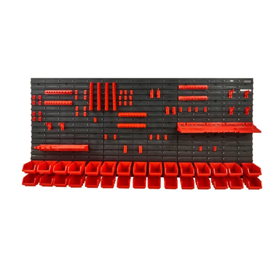 VEVOR Wall Mounted Storage Bins, 30-Bin Parts Rack Organizer Garage Plastic Shop Tool with Wall Panels/Tool Holders/Hooks, Tool Organizer for Nuts, Bolts, Screws, Nails, Beads, Buttons, Black and Red