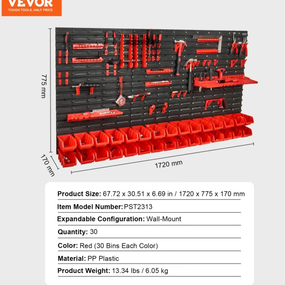 VEVOR Wall Mounted Storage Bins, 30-Bin Parts Rack Organizer Garage Plastic Shop Tool with Wall Panels/Tool Holders/Hooks, Tool Organizer for Nuts, Bolts, Screws, Nails, Beads, Buttons, Black and Red