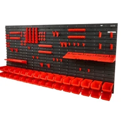 VEVOR Wall Mounted Storage Bins, 30-Bin Parts Rack Organizer Garage Plastic Shop Tool with Wall Panels/Tool Holders/Hooks, Tool Organizer for Nuts, Bolts, Screws, Nails, Beads, Buttons, Black and Red