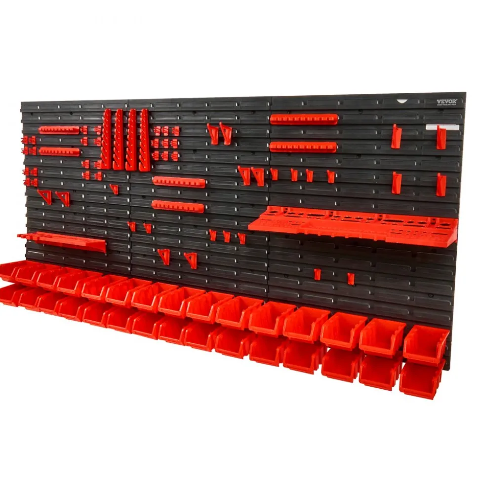 VEVOR Wall Mounted Storage Bins, 30-Bin Parts Rack Organizer Garage Plastic Shop Tool with Wall Panels/Tool Holders/Hooks, Tool Organizer for Nuts, Bolts, Screws, Nails, Beads, Buttons, Black and Red