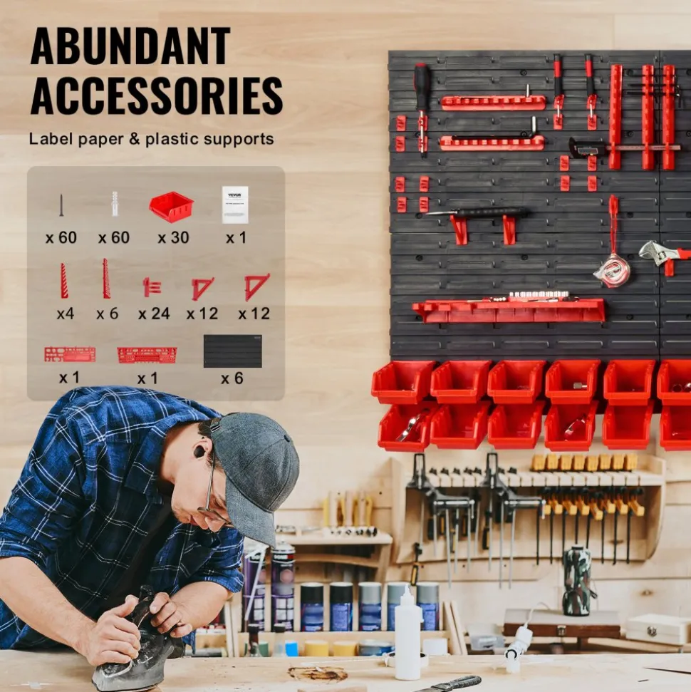VEVOR Wall Mounted Storage Bins, 30-Bin Parts Rack Organizer Garage Plastic Shop Tool with Wall Panels/Tool Holders/Hooks, Tool Organizer for Nuts, Bolts, Screws, Nails, Beads, Buttons, Black and Red