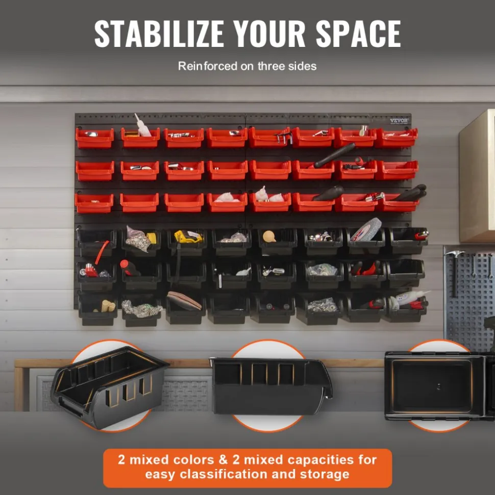 VEVOR Wall Mounted Storage Bins, 48-Bin Parts Rack Organizer Garage Plastic Shop Tool with Wall Panels, Tool Organizer for Nuts, Bolts, Screws, Nails, Beads, Buttons, Other Small Parts, Black and Red