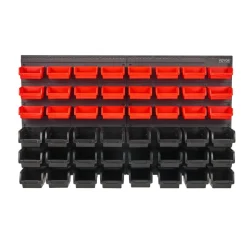 VEVOR Wall Mounted Storage Bins, 48-Bin Parts Rack Organizer Garage Plastic Shop Tool with Wall Panels, Tool Organizer for Nuts, Bolts, Screws, Nails, Beads, Buttons, Other Small Parts, Black and Red