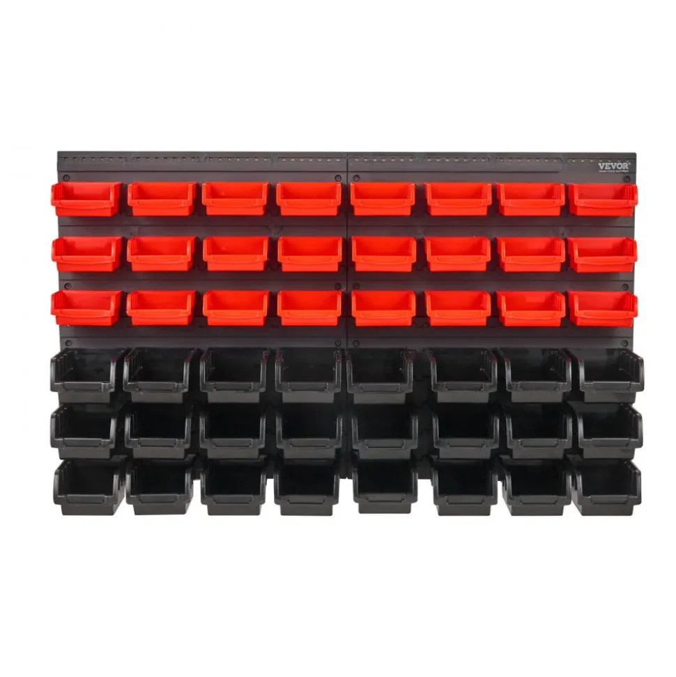 VEVOR Wall Mounted Storage Bins, 48-Bin Parts Rack Organizer Garage Plastic Shop Tool with Wall Panels, Tool Organizer for Nuts, Bolts, Screws, Nails, Beads, Buttons, Other Small Parts, Black and Red
