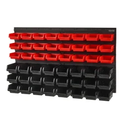 VEVOR Wall Mounted Storage Bins, 48-Bin Parts Rack Organizer Garage Plastic Shop Tool with Wall Panels, Tool Organizer for Nuts, Bolts, Screws, Nails, Beads, Buttons, Other Small Parts, Black and Red