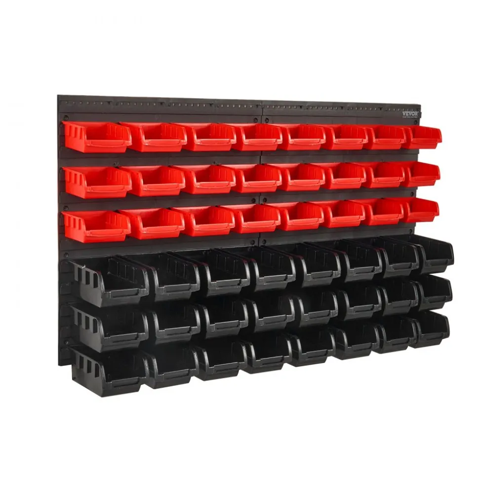 VEVOR Wall Mounted Storage Bins, 48-Bin Parts Rack Organizer Garage Plastic Shop Tool with Wall Panels, Tool Organizer for Nuts, Bolts, Screws, Nails, Beads, Buttons, Other Small Parts, Black and Red