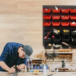 VEVOR Wall Mounted Storage Bins, 48-Bin Parts Rack Organizer Garage Plastic Shop Tool with Wall Panels, Tool Organizer for Nuts, Bolts, Screws, Nails, Beads, Buttons, Other Small Parts, Black and Red
