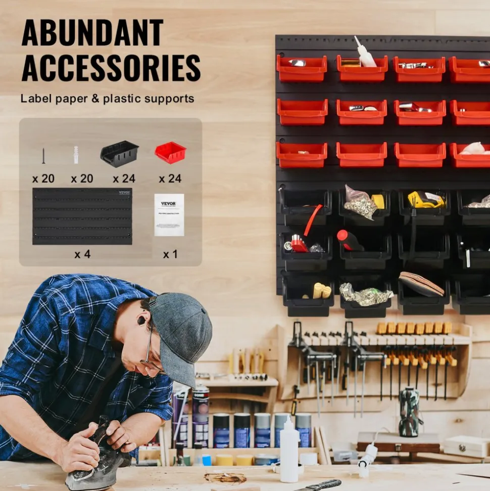 VEVOR Wall Mounted Storage Bins, 48-Bin Parts Rack Organizer Garage Plastic Shop Tool with Wall Panels, Tool Organizer for Nuts, Bolts, Screws, Nails, Beads, Buttons, Other Small Parts, Black and Red