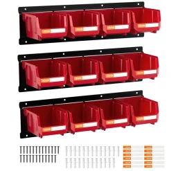 VEVOR Wall Mounted Storage Bins, 12 Plastic Bins & 3 Metal Rails, Plastic Hanging Stackable Storage Bin for Screws, Nuts, Bolts, Nails, Hardware Tool Organizer for Workshop, Craft Room, Garage, Red