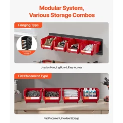 VEVOR Wall Mounted Storage Bins, 12 Plastic Bins & 3 Metal Rails, Plastic Hanging Stackable Storage Bin for Screws, Nuts, Bolts, Nails, Hardware Tool Organizer for Workshop, Craft Room, Garage, Red