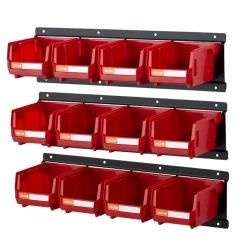 VEVOR Wall Mounted Storage Bins, 12 Plastic Bins & 3 Metal Rails, Plastic Hanging Stackable Storage Bin for Screws, Nuts, Bolts, Nails, Hardware Tool Organizer for Workshop, Craft Room, Garage, Red