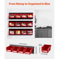 VEVOR Wall Mounted Storage Bins, 12 Plastic Bins & 3 Metal Rails, Plastic Hanging Stackable Storage Bin for Screws, Nuts, Bolts, Nails, Hardware Tool Organizer for Workshop, Craft Room, Garage, Red