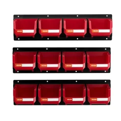 VEVOR Wall Mounted Storage Bins, 12 Plastic Bins & 3 Metal Rails, Plastic Hanging Stackable Storage Bin for Screws, Nuts, Bolts, Nails, Hardware Tool Organizer for Workshop, Craft Room, Garage, Red