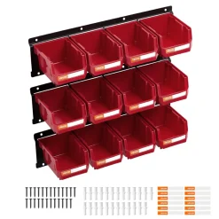 VEVOR Wall Mounted Storage Bins, 12 Plastic Bins & 3 Metal Rails, Plastic Hanging Stackable Storage Bin for Screws, Nuts, Bolts, Nails, Hardware Tool Organizer for Workshop, Craft Room, Garage, Red
