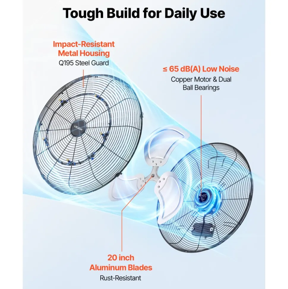 VEVOR Wall Mount Fan, 20 in Wall Mounted Hanging Fan with Mist, IP44-rated Protection, 3-Speed, Long Airflow Distance, Adjustable Rotation Angle, Powerful for Industry, Commercial, Garage, Workshop