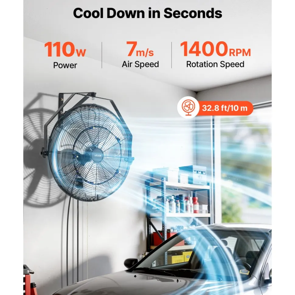 VEVOR Wall Mount Fan, 20 in Wall Mounted Hanging Fan with Mist, IP44-rated Protection, 3-Speed, Long Airflow Distance, Adjustable Rotation Angle, Powerful for Industry, Commercial, Garage, Workshop