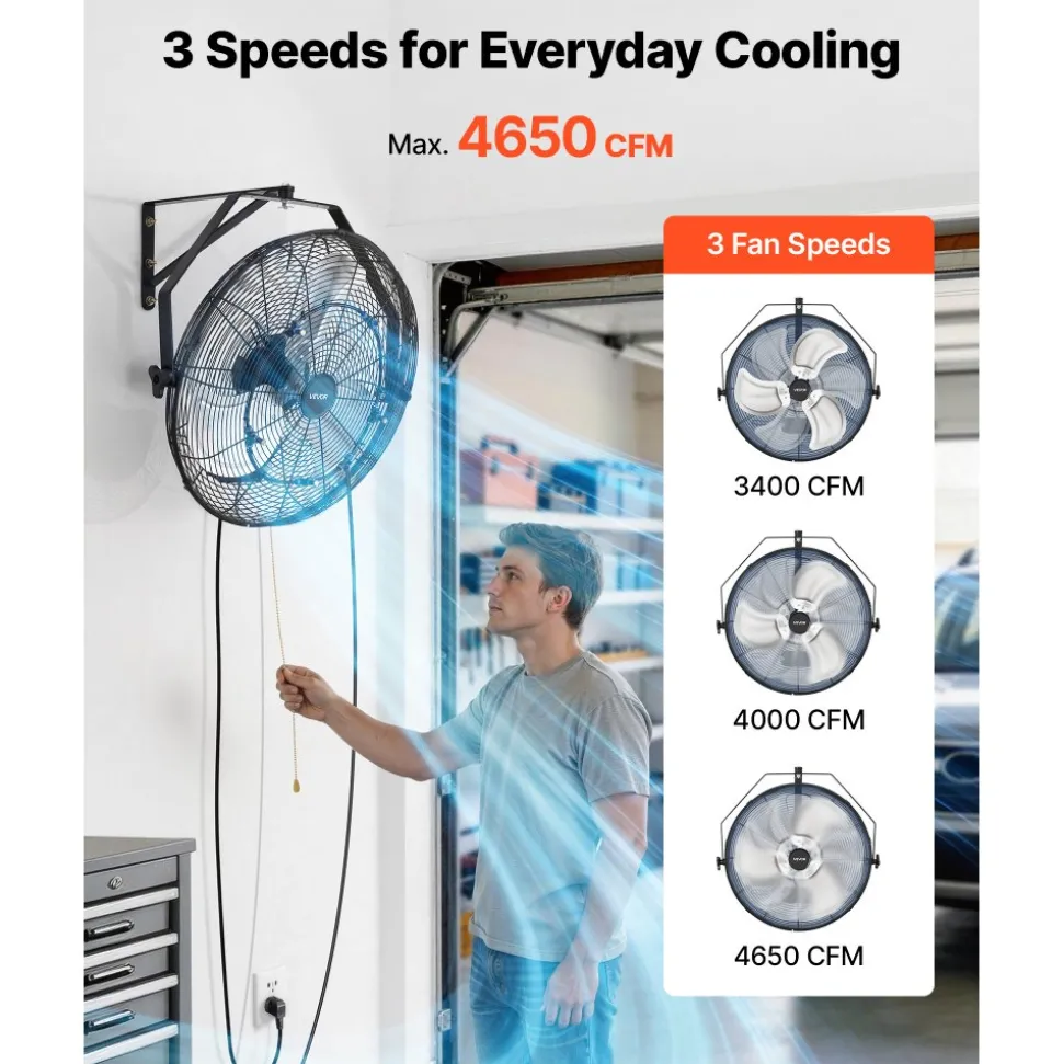 VEVOR Wall Mount Fan, 20 in Wall Mounted Hanging Fan with Mist, IP44-rated Protection, 3-Speed, Long Airflow Distance, Adjustable Rotation Angle, Powerful for Industry, Commercial, Garage, Workshop