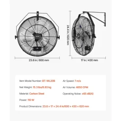 VEVOR Wall Mount Fan, 20 in Wall Mounted Hanging Fan with Mist, IP44-rated Protection, 3-Speed, Long Airflow Distance, Adjustable Rotation Angle, Powerful for Industry, Commercial, Garage, Workshop