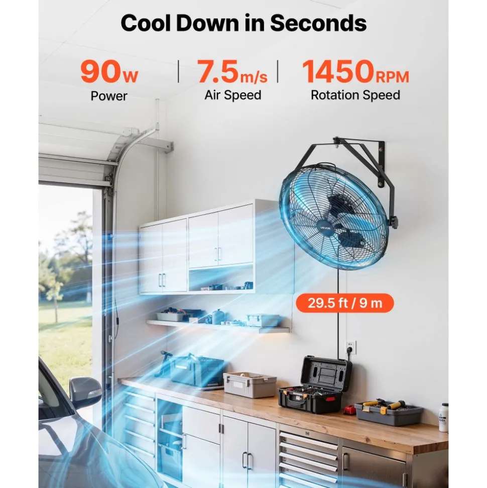 VEVOR Wall Mount Fan, 18 in Wall Mounted Hanging Fan with IP44-rated Protection, 3-Speed, Long Airflow Distance, Adjustable Rotation Angle, Powerful for Industry, Commercial, Garage, Workshop