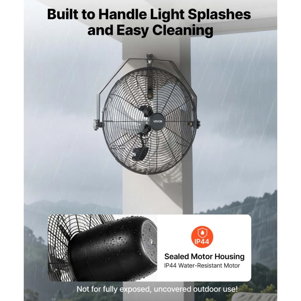 VEVOR Wall Mount Fan, 18 in Wall Mounted Hanging Fan with IP44-rated Protection, 3-Speed, Long Airflow Distance, Adjustable Rotation Angle, Powerful for Industry, Commercial, Garage, Workshop