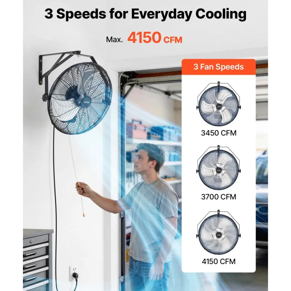 VEVOR Wall Mount Fan, 20 in Wall Mounted Hanging Fan with Oscillating & Mist, Remote, IP44-rated, 3-Speed, 18h Timer, Temperature Control, Powerful for Industry, Commercial, Garage, Workshop, Gym