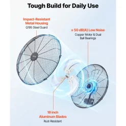 VEVOR Wall Mount Fan, 20 in Wall Mounted Hanging Fan with Oscillating & Mist, Remote, IP44-rated, 3-Speed, 18h Timer, Temperature Control, Powerful for Industry, Commercial, Garage, Workshop, Gym