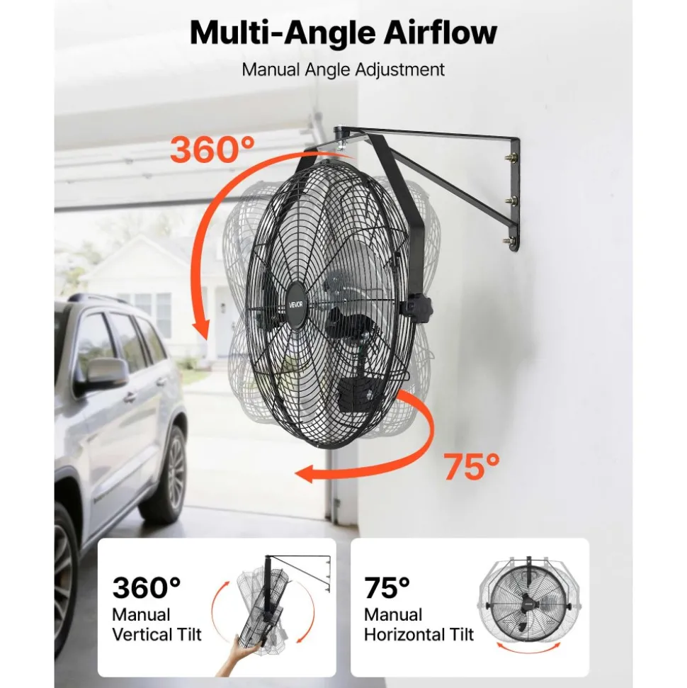 VEVOR Wall Mount Fan, 20 in Wall Mounted Hanging Fan with Oscillating & Mist, Remote, IP44-rated, 3-Speed, 18h Timer, Temperature Control, Powerful for Industry, Commercial, Garage, Workshop, Gym