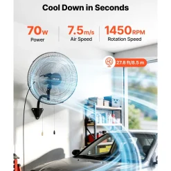 VEVOR Wall Mount Fan, 20 in Wall Mounted Hanging Fan Oscillating, 3-Speed, Long Airflow Distance, Adjustable Rotation Angle, Mechanical Powerful for Industry, Commercial, Garage, Workshop, Gym, Black