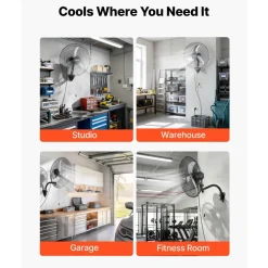 VEVOR Wall Mount Fan, 20 in Wall Mounted Hanging Fan Oscillating, 3-Speed, Long Airflow Distance, Adjustable Rotation Angle, Mechanical Powerful for Industry, Commercial, Garage, Workshop, Gym, Black
