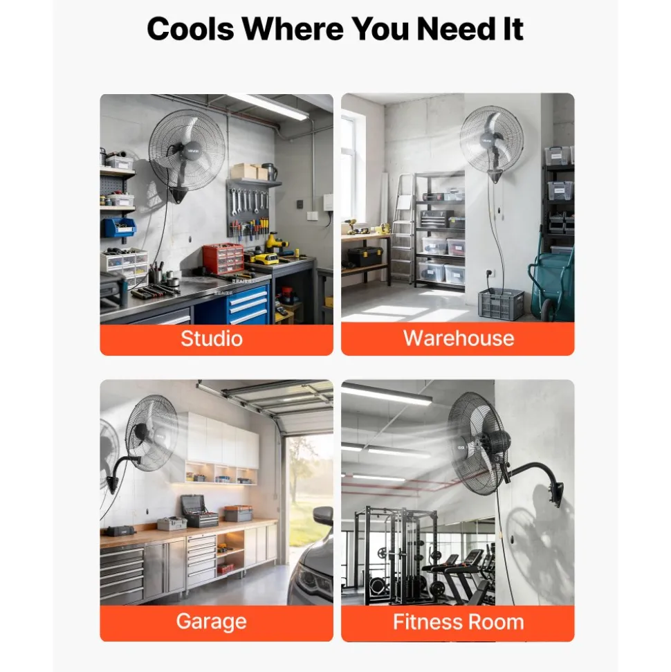 VEVOR Wall Mount Fan, 20 in Wall Mounted Hanging Fan Oscillating, 3-Speed, Long Airflow Distance, Adjustable Rotation Angle, Mechanical Powerful for Industry, Commercial, Garage, Workshop, Gym, Black