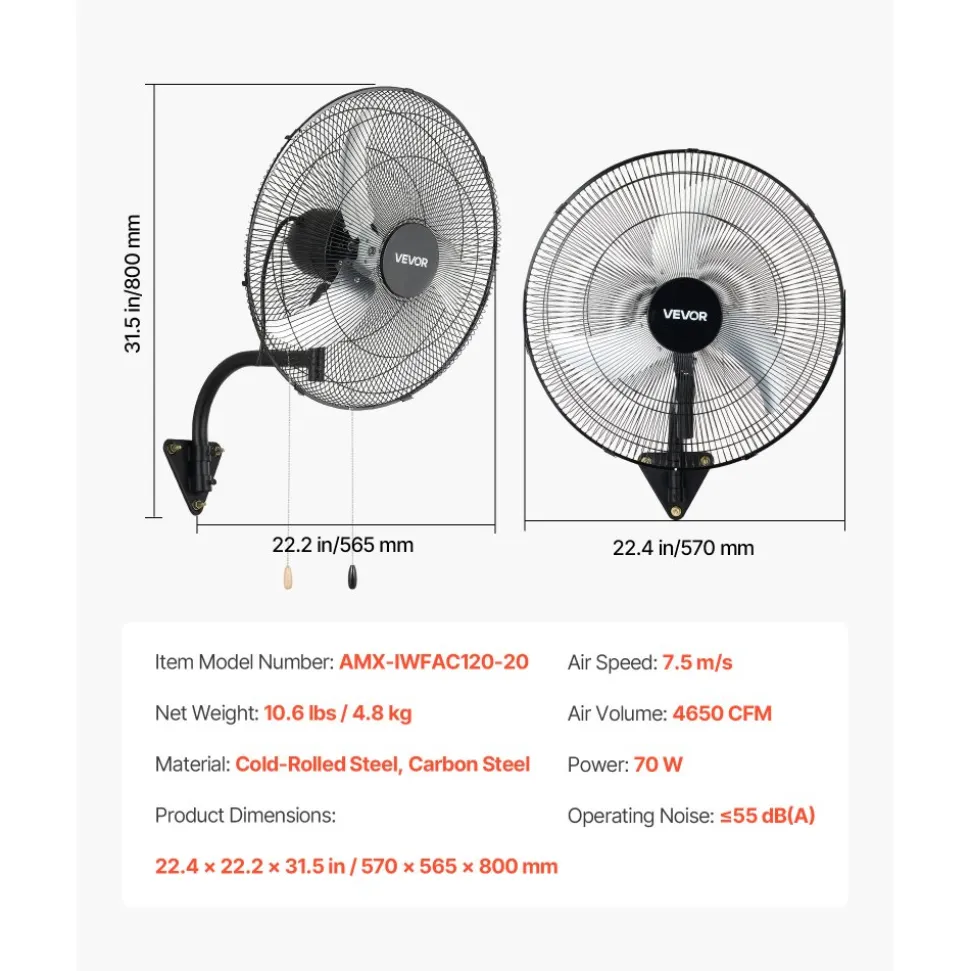 VEVOR Wall Mount Fan, 20 in Wall Mounted Hanging Fan Oscillating, 3-Speed, Long Airflow Distance, Adjustable Rotation Angle, Mechanical Powerful for Industry, Commercial, Garage, Workshop, Gym, Black