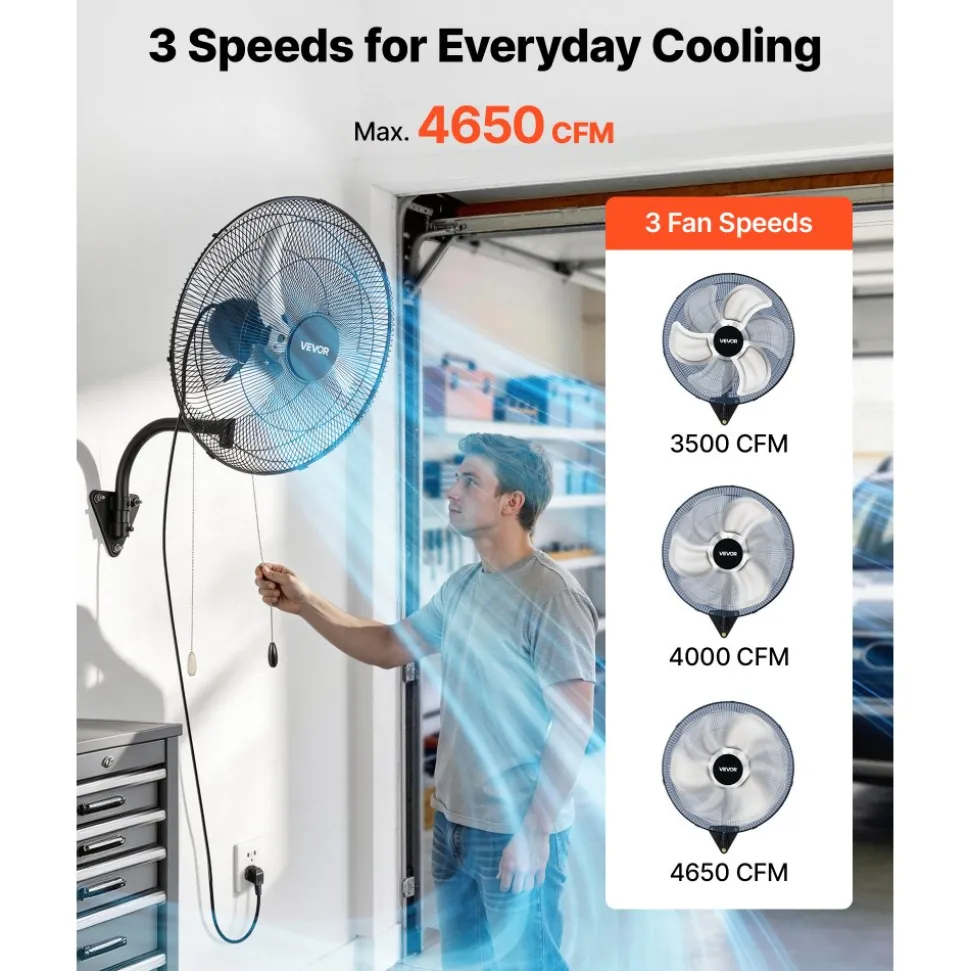 VEVOR Wall Mount Fan, 20 in Wall Mounted Hanging Fan Oscillating, 3-Speed, Long Airflow Distance, Adjustable Rotation Angle, Mechanical Powerful for Industry, Commercial, Garage, Workshop, Gym, Black