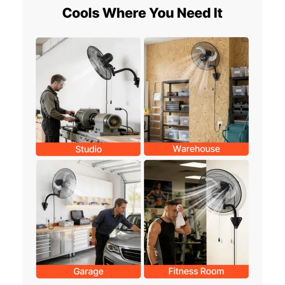 VEVOR Wall Mount Fan, 18 in Wall Mounted Hanging Fan Oscillating, 3-Speed, Long Airflow Distance, Adjustable Rotation Angle, Mechanical Powerful for Industry, Commercial, Garage, Workshop, Gym, Black