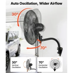 VEVOR Wall Mount Fan, 18 in Wall Mounted Hanging Fan Oscillating, 3-Speed, Long Airflow Distance, Adjustable Rotation Angle, Mechanical Powerful for Industry, Commercial, Garage, Workshop, Gym, Black