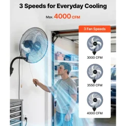 VEVOR Wall Mount Fan, 18 in Wall Mounted Hanging Fan Oscillating, 3-Speed, Long Airflow Distance, Adjustable Rotation Angle, Mechanical Powerful for Industry, Commercial, Garage, Workshop, Gym, Black