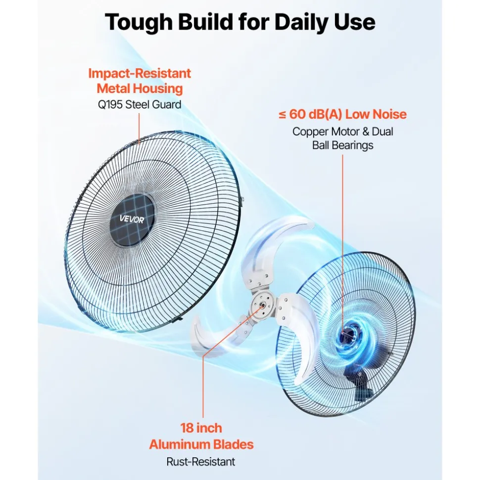 VEVOR Wall Mount Fan, 18 in Wall Mounted Hanging Fan Oscillating, 3-Speed, Long Airflow Distance, Adjustable Rotation Angle, Mechanical Powerful for Industry, Commercial, Garage, Workshop, Gym, Black