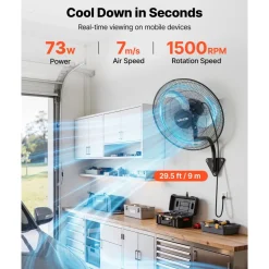 VEVOR Wall Mount Fan, 18 in Wall Mounted Hanging Fan Oscillating, 3-Speed, Long Airflow Distance, Adjustable Rotation Angle, Mechanical Powerful for Industry, Commercial, Garage, Workshop, Gym, Black