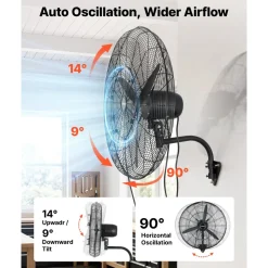 VEVOR Wall Mount Fan, 18 in Wall Mounted Hanging Fan Oscillating, 3-Speed, Long Airflow Distance, Adjustable Rotation Angle, Mechanical Powerful for Industry, Commercial, Garage, Workshop, Gym, 2 Pack