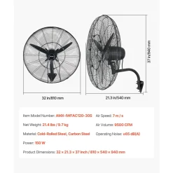 VEVOR Wall Mount Fan, 18 in Wall Mounted Hanging Fan Oscillating, 3-Speed, Long Airflow Distance, Adjustable Rotation Angle, Mechanical Powerful for Industry, Commercial, Garage, Workshop, Gym, 2 Pack