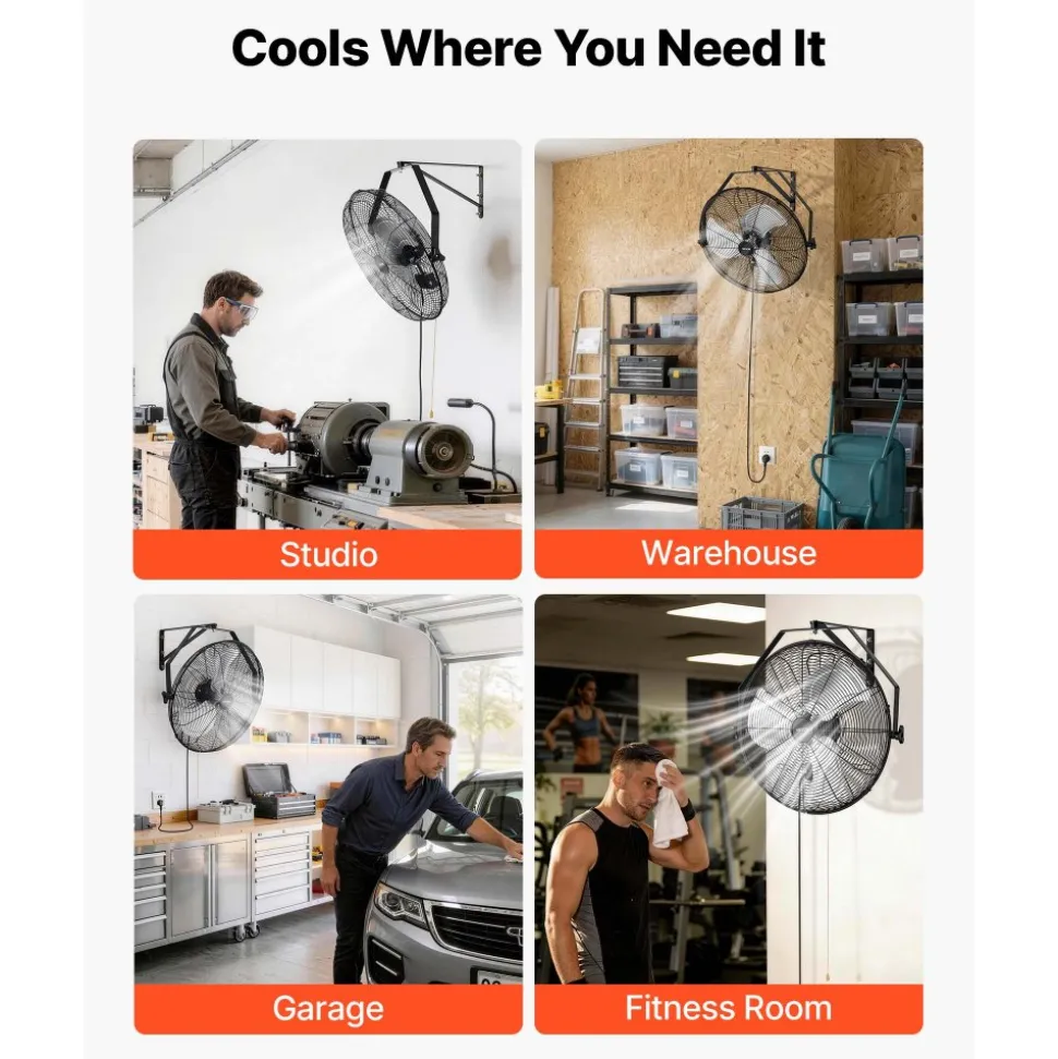 VEVOR Wall Mount Fan, 20 in Wall Mounted Hanging Fan, 3-Speed, Long Airflow Distance, Adjustable Rotation Angle, Mechanical Control, Powerful for Industry, Commercial, Garage, Workshop, Gym, 2 Pack