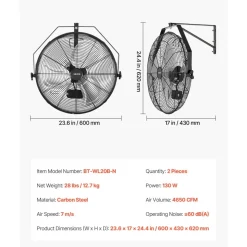 VEVOR Wall Mount Fan, 20 in Wall Mounted Hanging Fan, 3-Speed, Long Airflow Distance, Adjustable Rotation Angle, Mechanical Control, Powerful for Industry, Commercial, Garage, Workshop, Gym, 2 Pack