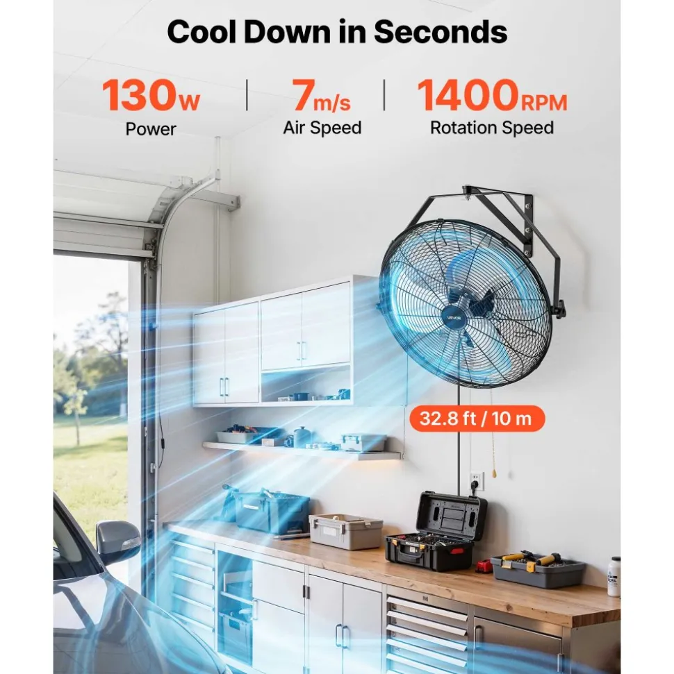 VEVOR Wall Mount Fan, 20 in Wall Mounted Hanging Fan, 3-Speed, Long Airflow Distance, Adjustable Rotation Angle, Mechanical Control, Powerful for Industry, Commercial, Garage, Workshop, Gym, 2 Pack