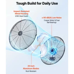 VEVOR Wall Mount Fan, 20 in Wall Mounted Hanging Fan, 3-Speed, Long Airflow Distance, Adjustable Rotation Angle, Mechanical Control, Powerful for Industry, Commercial, Garage, Workshop, Gym, 2 Pack