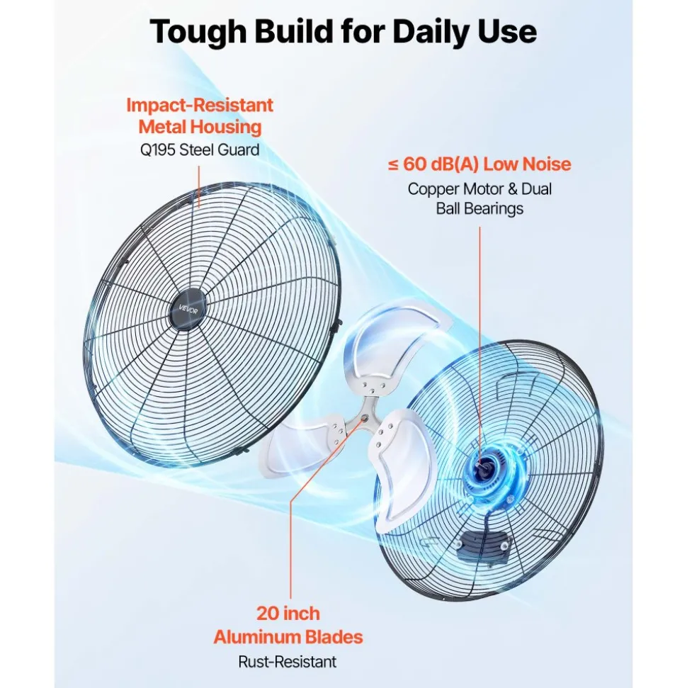 VEVOR Wall Mount Fan, 20 in Wall Mounted Hanging Fan, 3-Speed, Long Airflow Distance, Adjustable Rotation Angle, Mechanical Control, Powerful for Industry, Commercial, Garage, Workshop, Gym, 2 Pack
