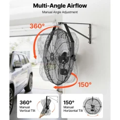 VEVOR Wall Mount Fan, 20 in Wall Mounted Hanging Fan, 3-Speed, Long Airflow Distance, Adjustable Rotation Angle, Mechanical Control, Powerful for Industry, Commercial, Garage, Workshop, Gym, 2 Pack